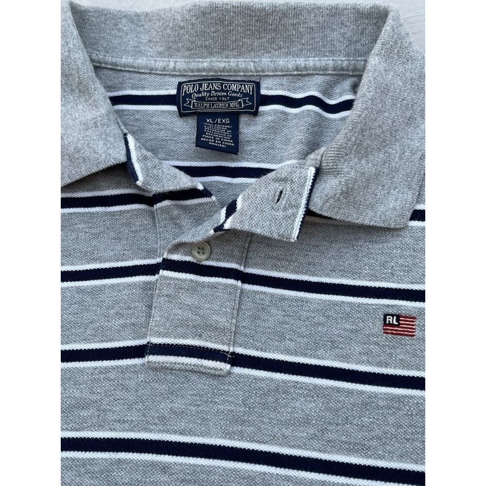 Polo Jeans Co Ralph Lauren Polo Shirt Mens XL Gray Stripe Flag Logo Cotton EUC